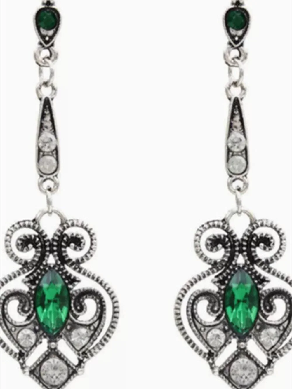 Silver Tone Vintage Filigree Green & Clear CZ Long Chain Drop Dangle Earrings Fo